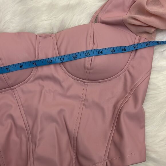 ASOS Parisian Bubblegum Pink Vegan Leather Bustier Sheer Sleeve Top 10 - Picture 9 of 11